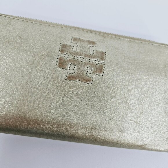 Tory Burch Wallet Thea Metallic Gold Continental Zip Around Medium Leather Logo - Picture 4 of 13